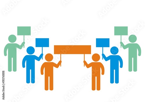 demonstration, group of people with banners, vector icon
