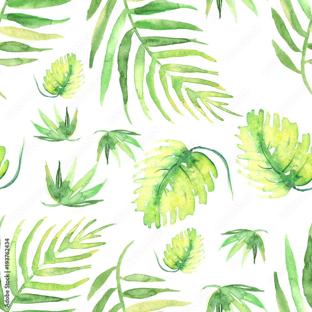     Seamless watercolor background from green tropical leaves, palm leaf, fern, floral pattern. Bright Rapport for Paper, Textile, Wallpaper, design. Tropical leaves watercolor. 