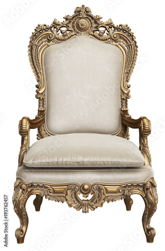 Classic gold baroque armchair isolated on white background.Digital Illustration.3d rendering