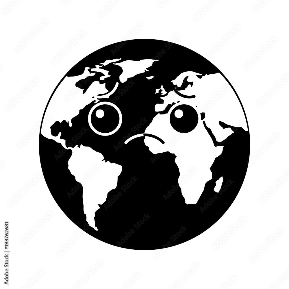 cartoon earth globe planet sad character vector illustration black and white design