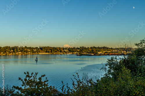 Olympia waterfront at sunset with Mt. Rainier in the background