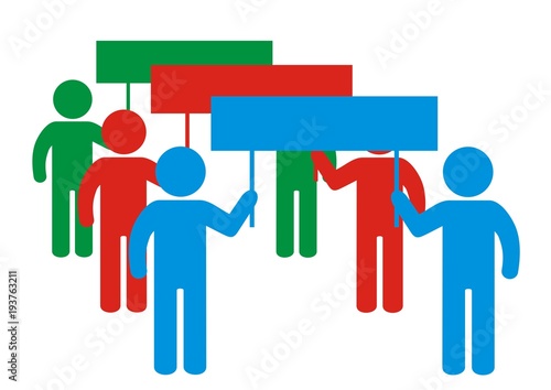 demonstration, crowd of people with banners, vector icon
