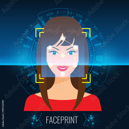 Vector Face Recognition or Faceprint technology scanning woman's face with Abstract Tech Background. photo