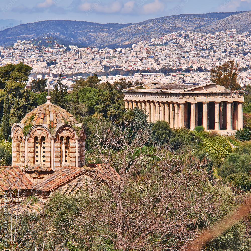 Athens Greece, Theseion temple and holy Apostles church