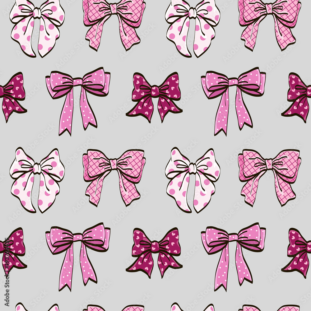 Cute seamless pattern with beautiful hand drawn bows. Vector doodle illustration.  Cloth design, wallpaper, wrapping.