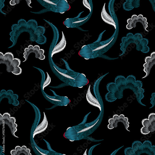 Embroidery seamless pattern with beautiful  ethnic koi fish. Vector embroidery for fashion textile and fabric.