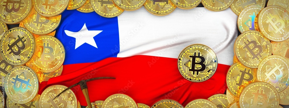Bitcoins Gold around Chile flag and pickaxe on the left.3D Illustration.