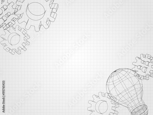 Wireframe lightbulb and 3d gear on grid represents concept of engineering and innovation. Technology Background. Vector illustration.
