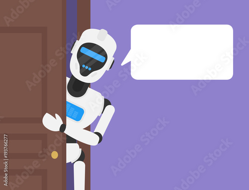 robot humanoid look out the open door with speech bubble