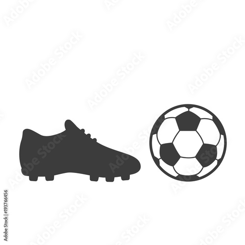 Soccer footwear and ball icon on white background. Bleck Vector illustration football boots.