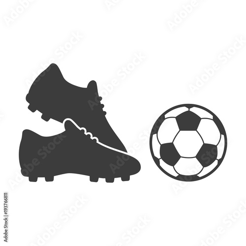 Soccer footwear and ball icon on white background. Bleck Vector illustration football boots.