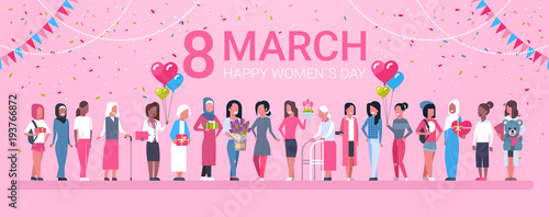 8 March Holiday Background With Happy Group Of Mix Race Woman And Decoration Horizontal Banner Flat Vector Illustration