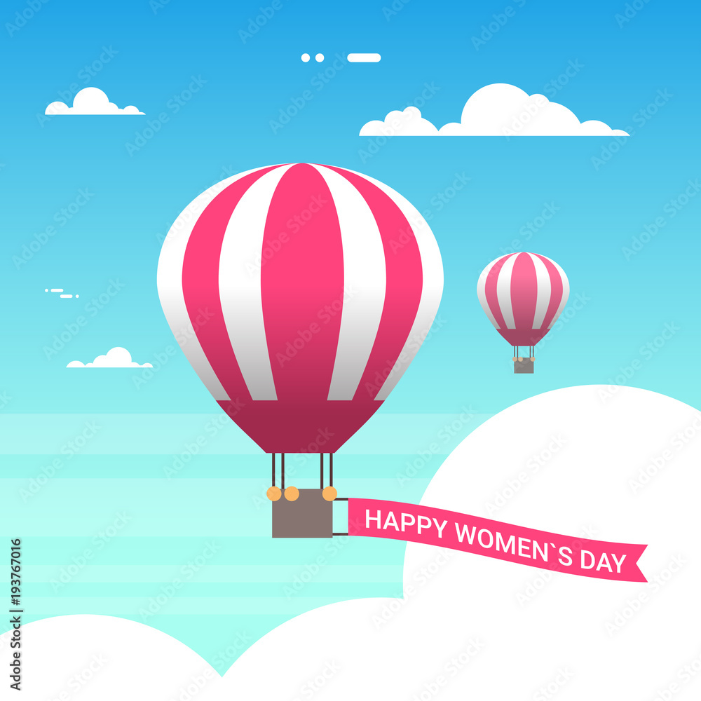 Obraz premium Pink Air Balloon In Sky With Happy Women Day Banner 8 March Greeting Card In Retro Style Flat Vector Illustration