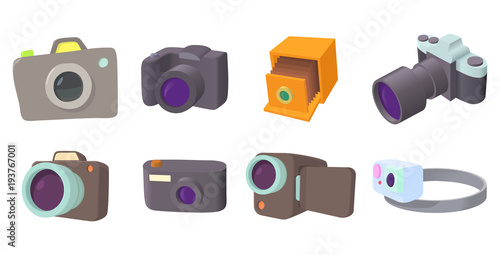 Camera icon set, cartoon style
