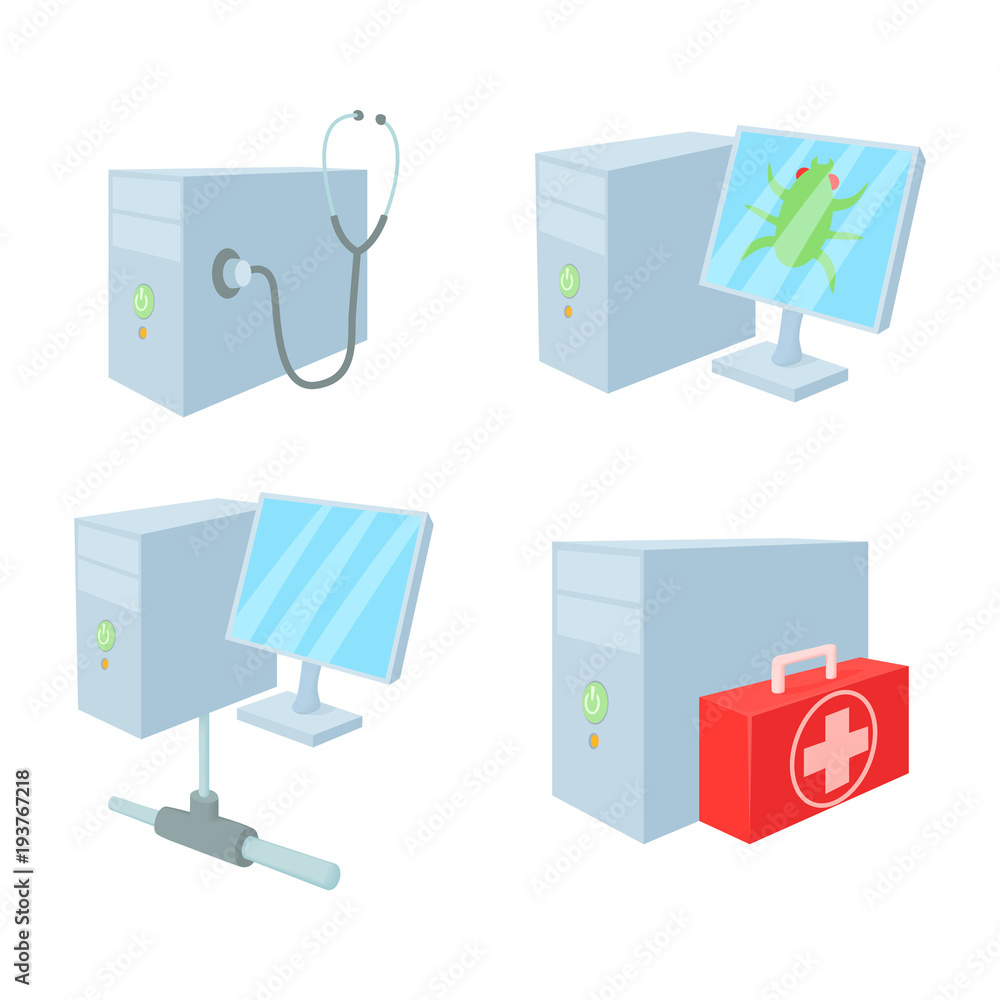 Desktop pc icon set, cartoon style Desktop pc icon set, cartoon style