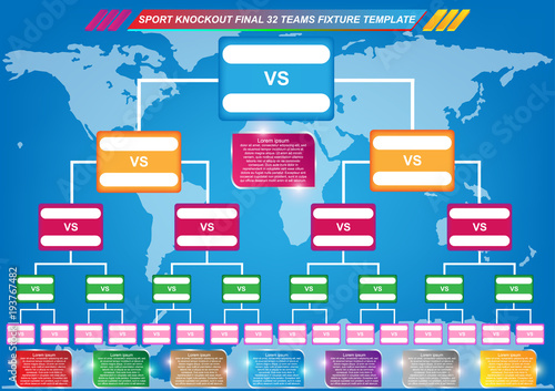 Sport fixture and result template for final round 32 teams knockout competition and world map background. Vector EPS10