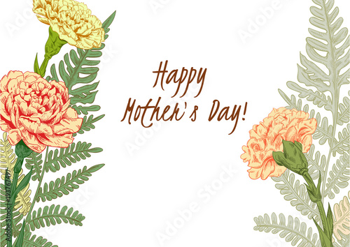 Template for Mother's Day: carnation schabaud, forest fern, eucalyptus seeded (greenery): pink, yellow flowers, leaves, white background, hand draw, engraving vintage sketch style, botanical vector