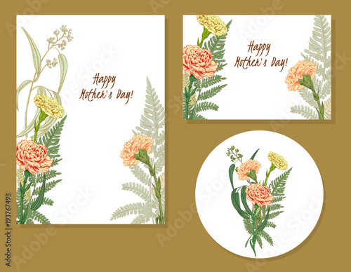 Set of templates for Mother's Day: carnation, forest fern, eucalyptus seeded (greenery): pink, yellow flowers, leaves, white background, hand draw, engraving vintage sketch style, botanical vector