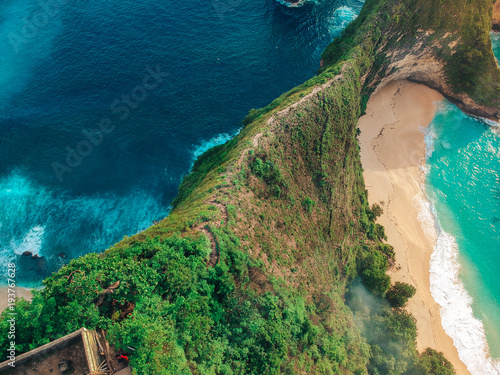 top view of the beautiful sea Bay and mountain ranges on the wonderful island of Bali