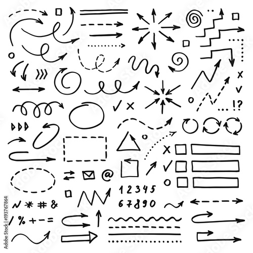 Hand drawn vector arrows set on white background. Doodle infographic design elements