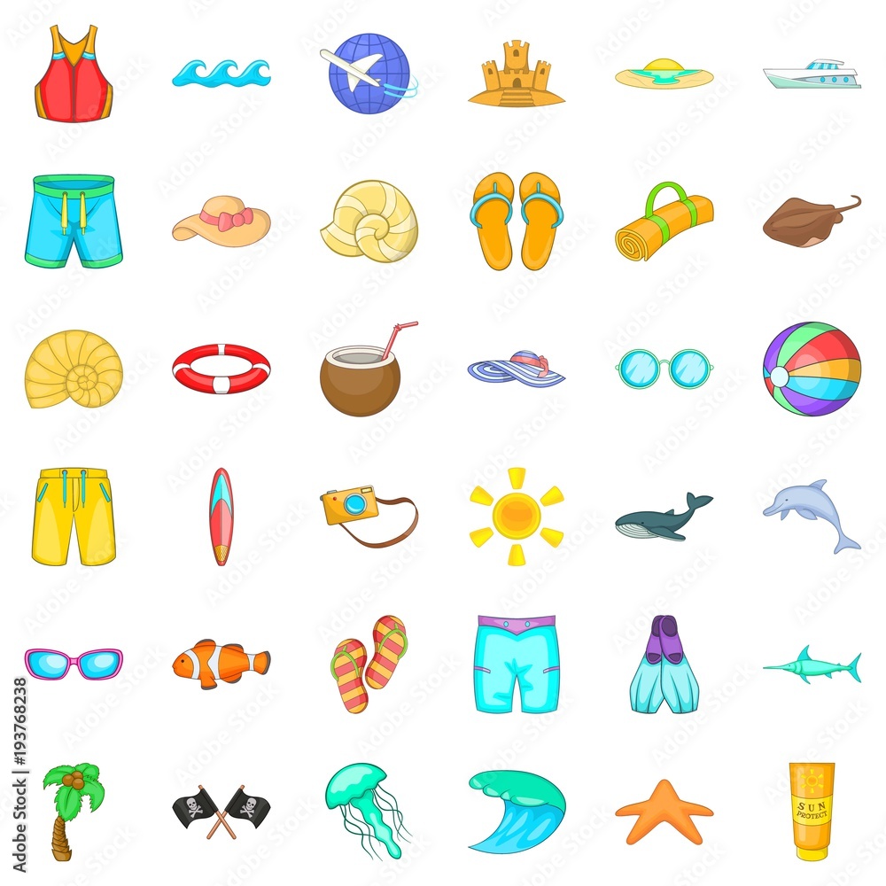 Aquatorium icons set, cartoon style Aquatorium icons set, cartoon style