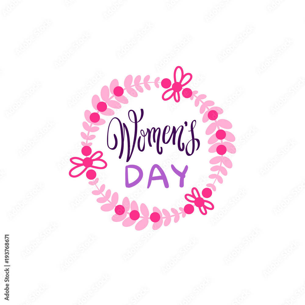 Vintage Badge Happy Women Day Concept Pink Lettering Calligraphy On White Background Vector Illustration