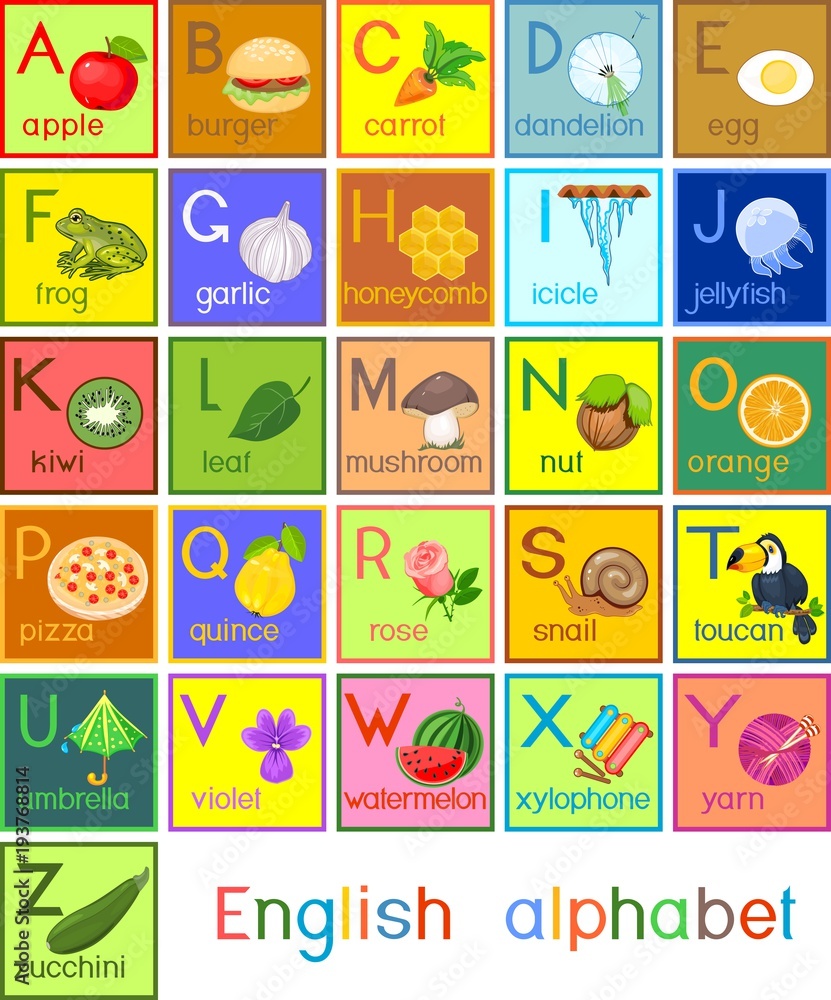 Colorful English alphabet with pictures and titles for children education
