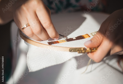 Young beautiful woman is engaged in embroidering a dagger on the embroidery frame in a colored dress at the window in the sunlight. A great picture for a hobby