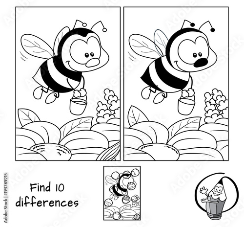 Funny little bee with a bucket flying for honey. Find 10 differences. Educational game for children. Black and white cartoon vector illustration