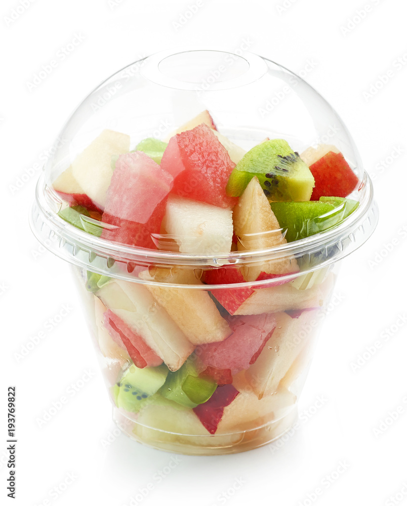 fresh fruit pieces salad in plastic cup fresh fruit pieces salad in plastic cup