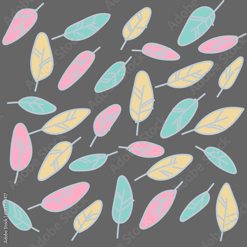 The pattern different feathers are painted. Painted in delicate colors. Hand draw illustration