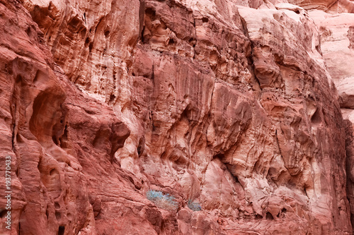 Red stone walls of the canyon in desert.