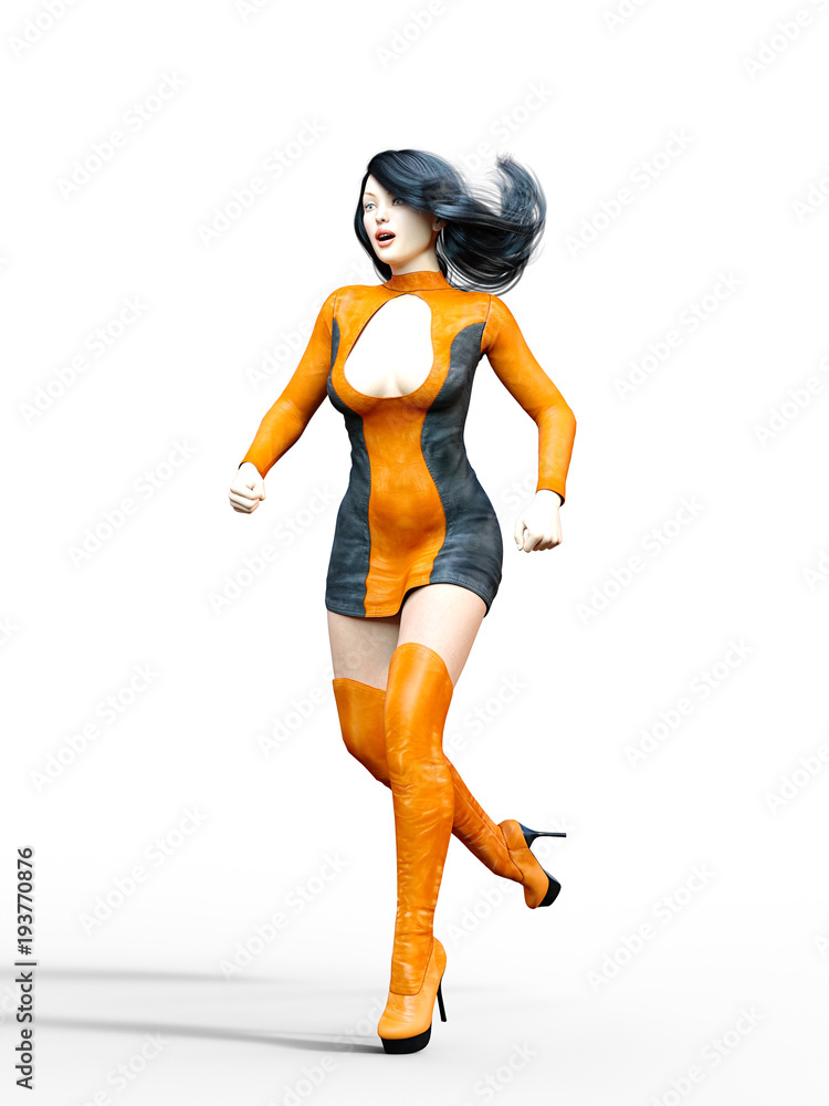 3D beautiful woman orange black leather dress long high boots. Conceptual fashion art. Seductive candid pose. Realistic render illustration. Isolate 3D beautiful woman orange black leather dress long high boots. Conceptual fashion art. Seductive candid pose. Realistic render illustration. Isolate