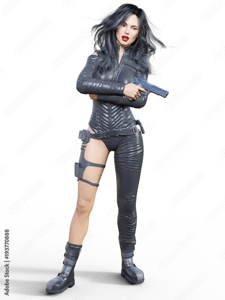 Young beautiful woman warrior from future. Protective black armor leather jumpsuit. Pistol in hand. Girl standing candid provocative aggressive pose. Photorealistic 3D rendering isolate illustration. Young beautiful woman warrior from future. Protective black armor leather jumpsuit. Pistol in hand. Girl standing candid provocative aggressive pose. Photorealistic 3D rendering isolate illustration.