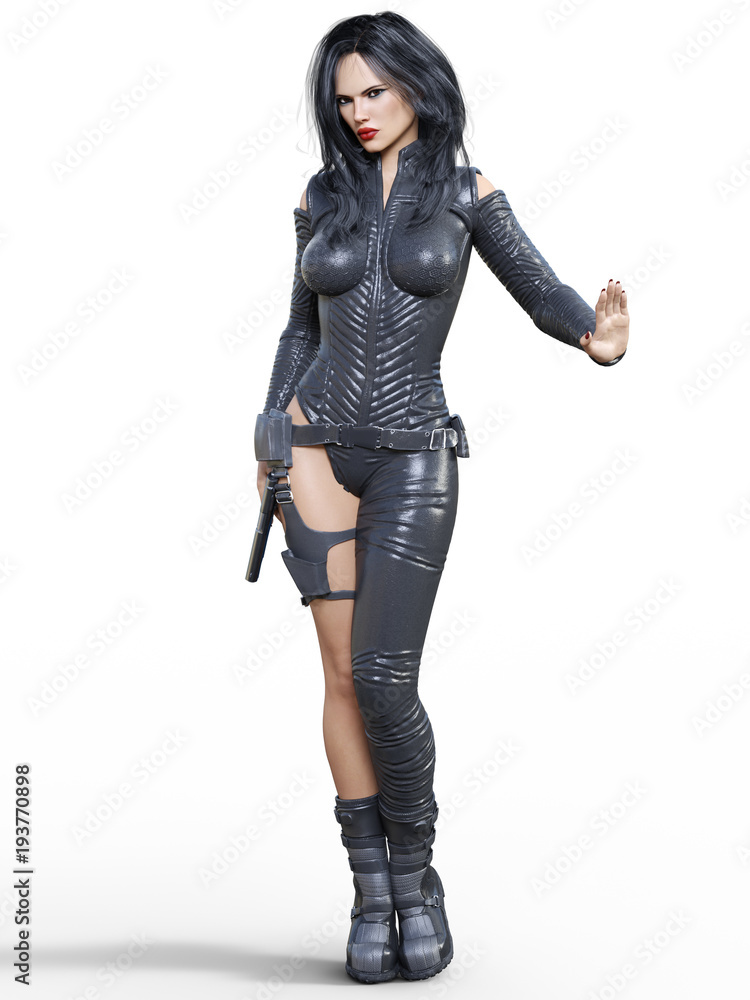 Young beautiful woman warrior from future. Protective black armor leather jumpsuit. Pistol in hand. Girl standing candid provocative aggressive pose. Photorealistic 3D rendering isolate illustration. Young beautiful woman warrior from future. Protective black armor leather jumpsuit. Pistol in hand. Girl standing candid provocative aggressive pose. Photorealistic 3D rendering isolate illustration.