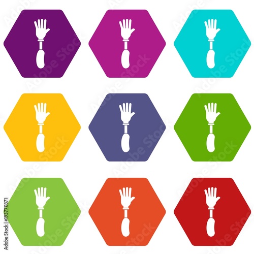 Prosthesis hand icon set color hexahedron