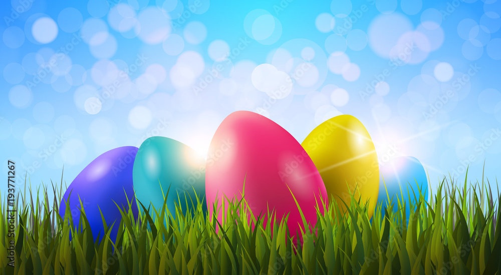 Colorful Painter Easter Eggs In Green Grass Over Blue Boker Blurred Sky Background Vector Illustration Colorful Painter Easter Eggs In Green Grass Over Blue Boker Blurred Sky Background Vector Illustration