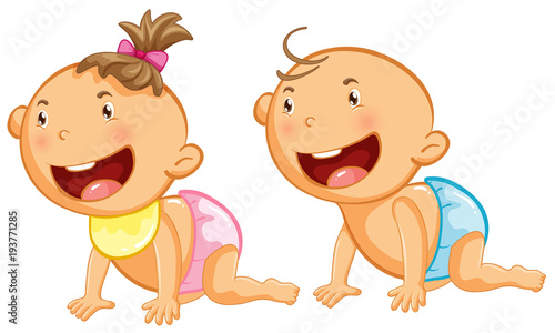 Baby boy and girl with big smile