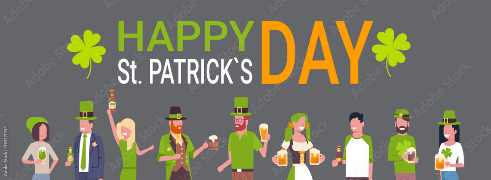 Happy Saint Patricks Day Poster Horizontal With Group Of People In Green Costumes Drinking Beer Flat Vector Illustration Happy Saint Patricks Day Poster Horizontal With Group Of People In Green Costumes Drinking Beer Flat Vector Illustration