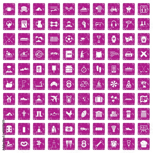 100 activity icons set grunge pink