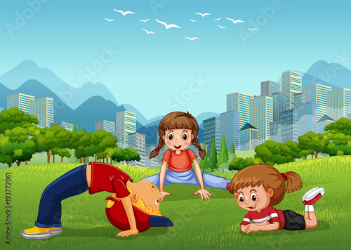 Three kids playing in the national park