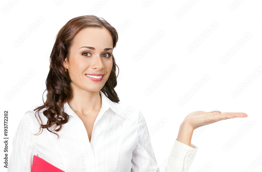 Businesswoman showing, isolated on white Businesswoman showing, isolated on white
