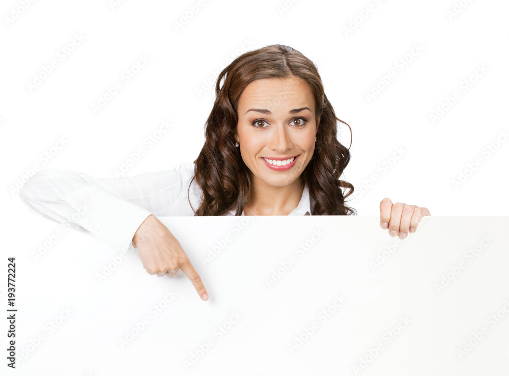 Businesswoman showing blank signboard, isolated Businesswoman showing blank signboard, isolated