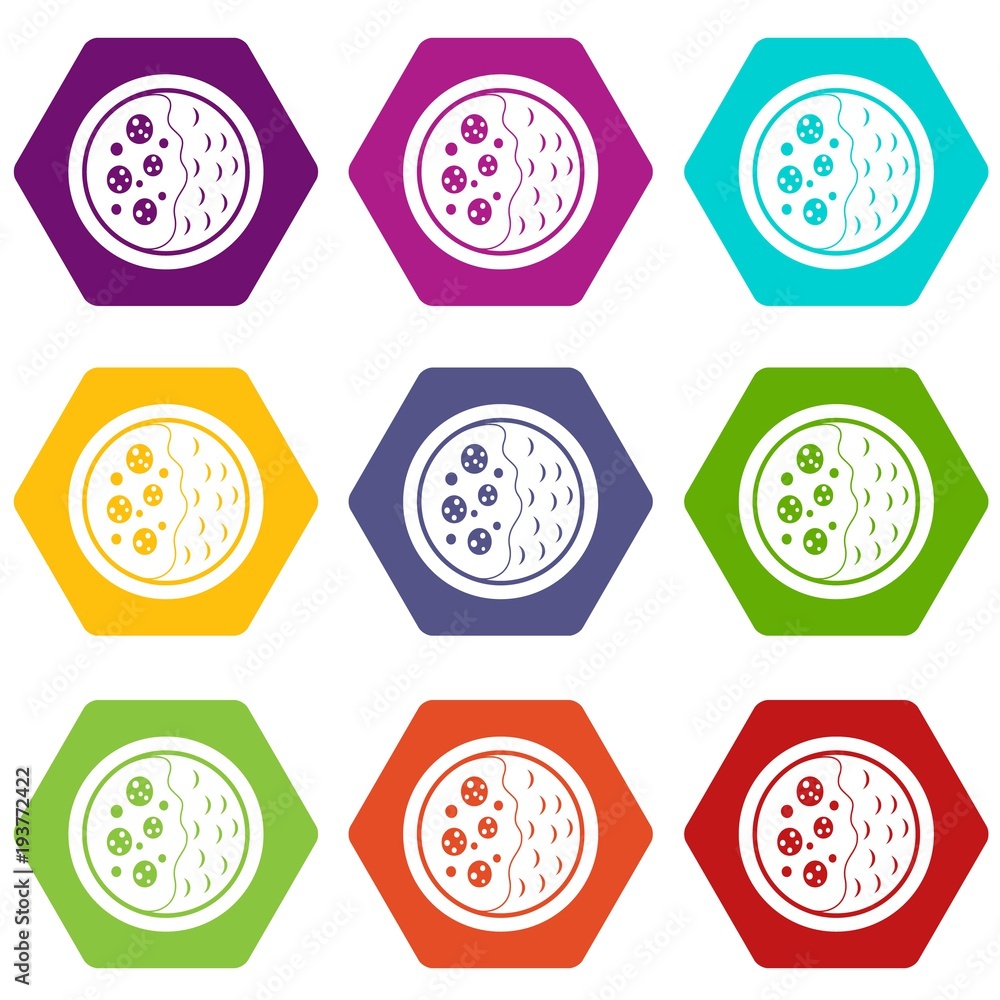 Asian soup icon set color hexahedron Asian soup icon set color hexahedron
