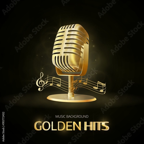  Golden  old vintage microphone icon. Radio station banner.