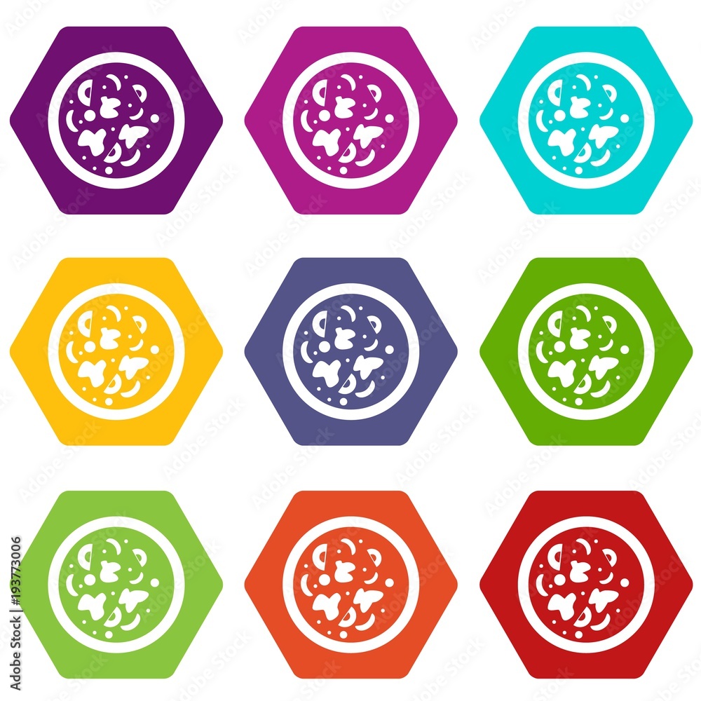 Asian hot dish icon set color hexahedron Asian hot dish icon set color hexahedron