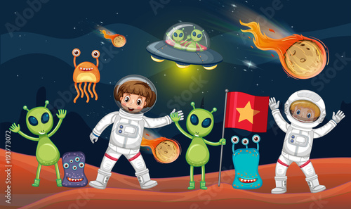 Ruimtethema met twee astronauten en veel aliens