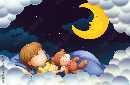 Little girl sleeping with teddybear at night time