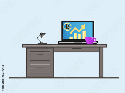 Bitcoin. Laptop with growth diagram on screen. Cryptocurrency and digitally concept. Bitcoin growing value concept. Isolated vector illustration