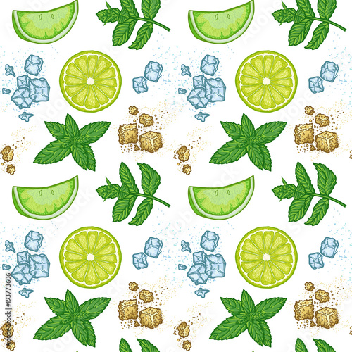 Seamless pattern, Graphic illustration of a Mojito cocktail and all its ingredients, restaurant or bar menu, classic recipe, lime, mint and rum.